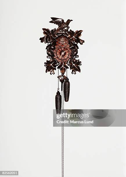 traditional cuckoo clock on white wall - cuckoo clock stock pictures, royalty-free photos & images