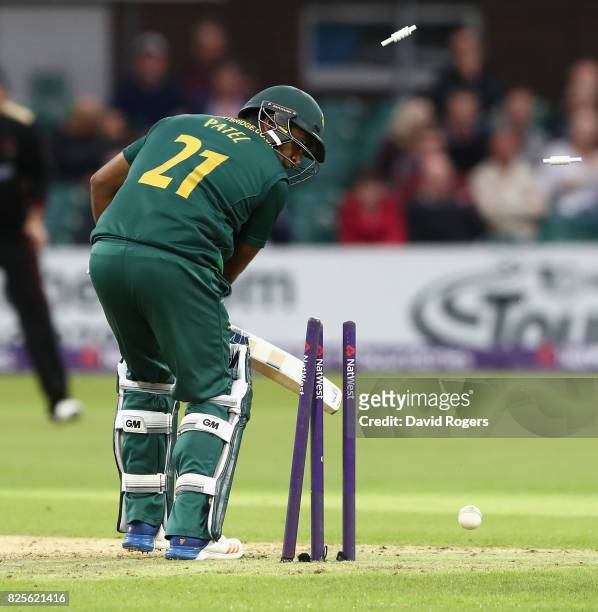 Samit Patel of Nottinghamshire is bowled by Dieter Klein first ball during the NatWest T20 Blast match between Leicestershire Foxes and...