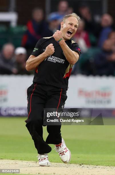 Dieter Klein of Leicestershire celebrates after bowling Samit Patel first ball during the NatWest T20 Blast match between Leicestershire Foxes and...