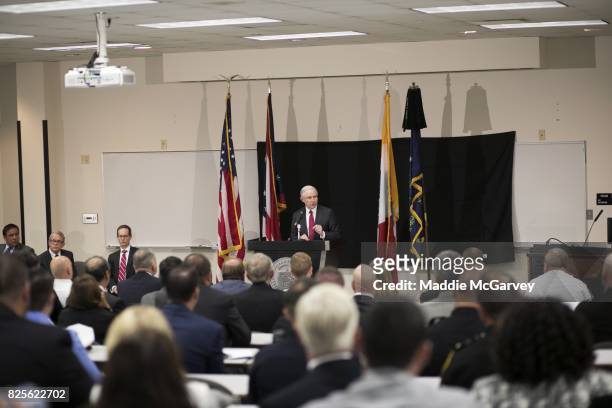 Attorney General Jeff Sessions talks about the opioid epidemic at The Columbus Police Academy on August 2, 2017 in Columbus, Ohio. Since taking...