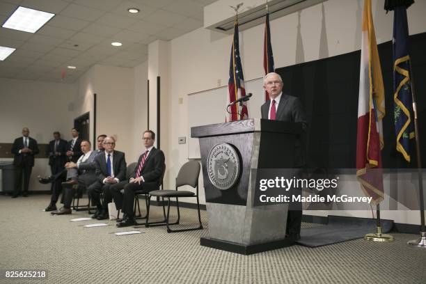 Attorney General Jeff Sessions talks about the opioid epidemic at The Columbus Police Academy on August 2, 2017 in Columbus, Ohio. Since taking...