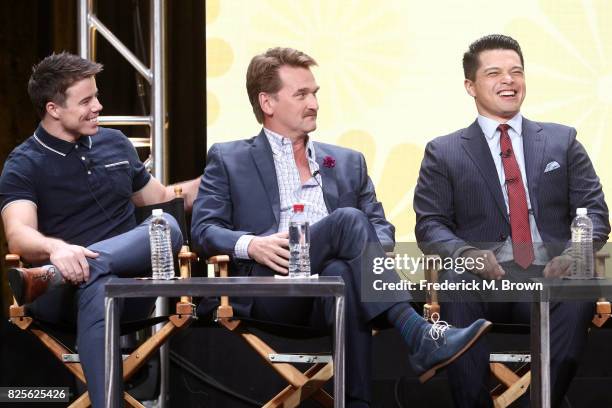 Actors David Hull, Pete Gardner, and Vincent Rodriguez III of 'Crazy Ex-Girlfriend' speak onstage during the CW portion of the 2017 Summer Television...