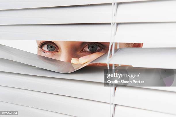 woman looks through blinds - whistleblower ストックフォトと画像