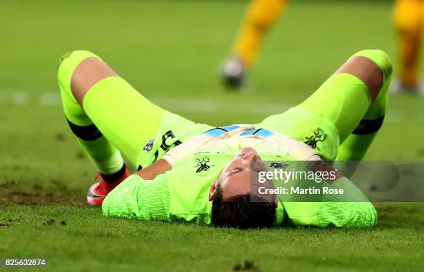 Danny Ward, goalkeeper of Liverpool reacts during the Audi Cup 2017 match between Liverpool FC and Atletico Madrid at Allianz Arena on August 2, 2017...