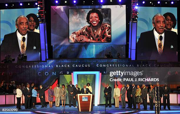 Member of the US House of Representatives from New York Charles Rangel, surrounded by members of the Congressional Black Caucus, addresses the...