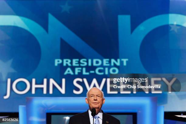 President John Sweeney addresses the gathered delegates during day two of the Democratic National Convention at the Pepsi Center August 26, 2008 in...