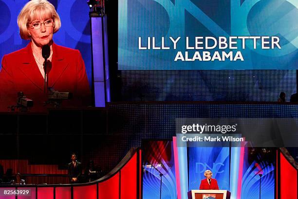 Lily Ledbetter, a plaintiff in a gender discrimination suit against Goodyear tire, speaks during day two of the Democratic National Convention at the...