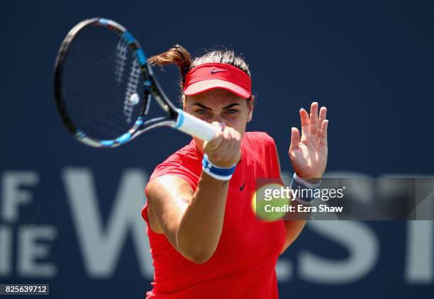 Ana Konjuh of Croatia returns a shot to Natalia Vikhlyantseva of Russia during Day 3 of the Bank of the West Classic at Stanford University Taube...