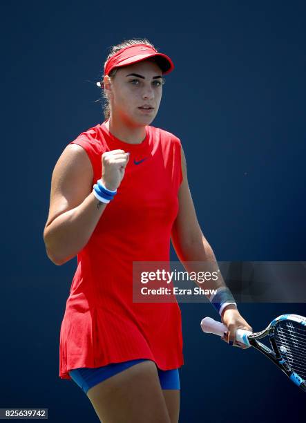 Ana Konjuh of Croatia reacts during her match against Natalia Vikhlyantseva of Russia during Day 3 of the Bank of the West Classic at Stanford...