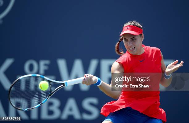 Ana Konjuh of Croatia returns a shot to Natalia Vikhlyantseva of Russia during Day 3 of the Bank of the West Classic at Stanford University Taube...