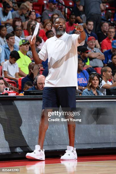 Walter McCarty of the Boston Celtics coaches during the 2017 NBA Las Vegas Summer League game against the Philadelphia 76ers on July 11, 2017 at the...