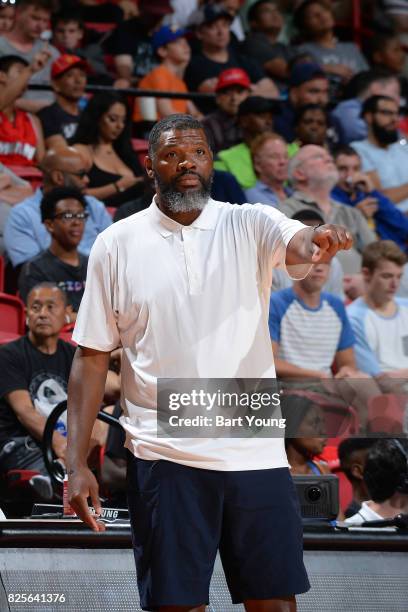 Walter McCarty of the Boston Celtics drives to the basket during the 2017 NBA Las Vegas Summer League game against the Philadelphia 76ers on July 11,...