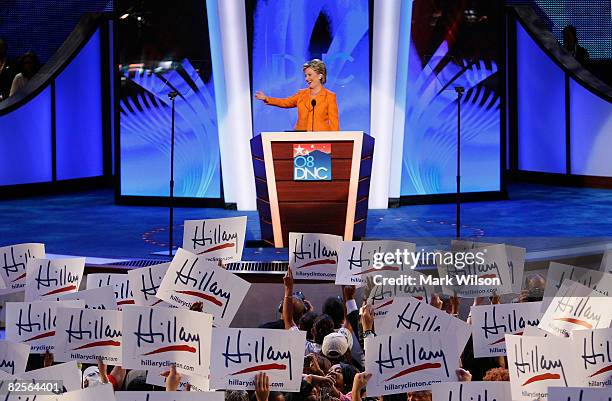 Sen. Hillary Clinton speaks during day two of the Democratic National Convention at the Pepsi Center August 26, 2008 in Denver, Colorado. U.S. Sen....