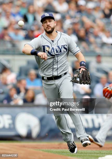 Trevor Plouffe of the Tampa Bay Rays throws to first base for an out in an MLB baseball game against the New York Yankees on July 29, 2017 at Yankee...
