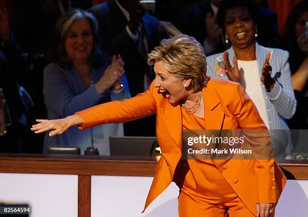 Sen. Hillary Clinton waves dduring day two of the Democratic National Convention at the Pepsi Center August 26, 2008 in Denver, Colorado. U.S. Sen....