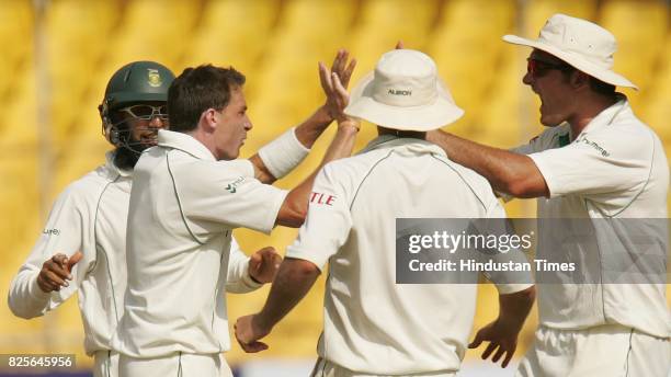 Cricket - India vs South Africa Second Test Match at Ahmedabad - South Africa bowler Dale Steyn celebrates the wicket of India's Sourav Ganguly his...