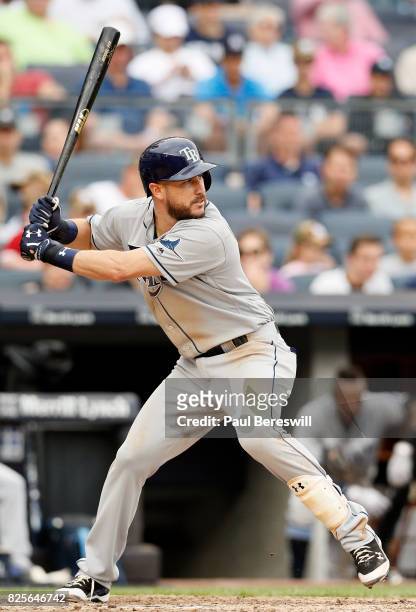 Trevor Plouffe of the Tampa Bay Rays bats in an MLB baseball game against the New York Yankees on July 29, 2017 at Yankee Stadium in the Bronx...