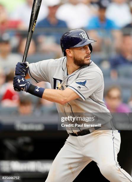 Trevor Plouffe of the Tampa Bay Rays bats in an MLB baseball game against the New York Yankees on July 29, 2017 at Yankee Stadium in the Bronx...