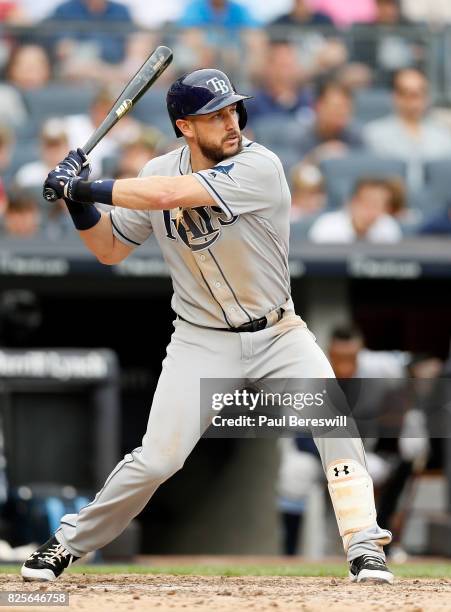 Trevor Plouffe of the Tampa Bay Rays bats in an MLB baseball game against the New York Yankees on July 29, 2017 at Yankee Stadium in the Bronx...