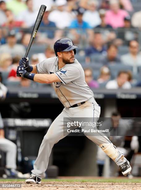 Trevor Plouffe of the Tampa Bay Rays bats in an MLB baseball game against the New York Yankees on July 29, 2017 at Yankee Stadium in the Bronx...