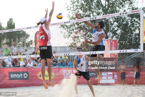 Mariusz Prudel of Poland competes against Julian Amado Azaad of Argentina during Day 6 of the FIVB Beach Volleyball World Championships 2017 on...