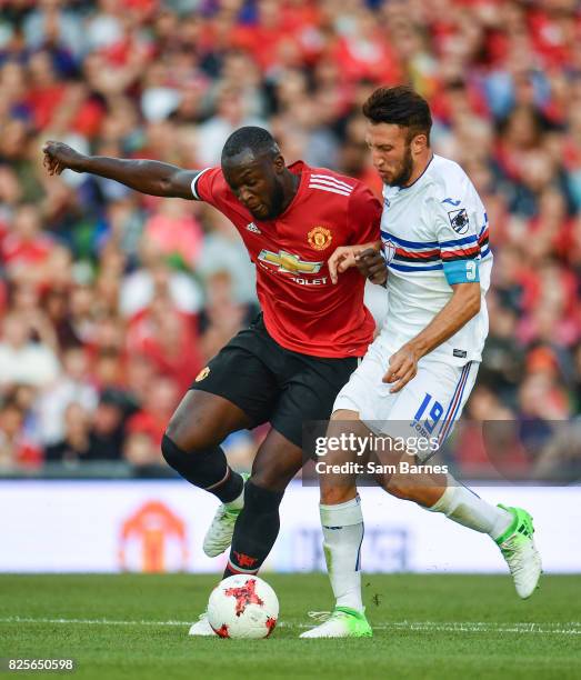 Dublin , Ireland - 2 August 2017; Romelu Lukaku of Manchester United in action against Vasco Regini of Sampdoria during the International Champions...