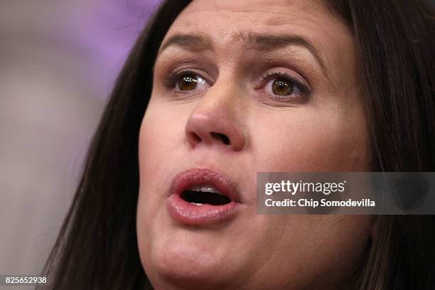 White House Press Secretary Sarah Huckabee Sanders conducts the daily press briefing at the White House August 2, 2017 in Washington, DC. Earlier in...