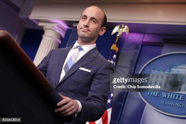Senior Advisor to the President for Policy Stephen Miller talks to reporters about President Donald Trump's support for creating a 'merit-based...