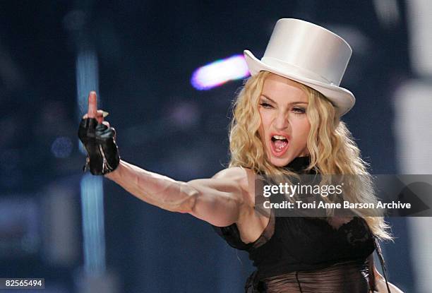 Madonna performs onstage during her 'Sticky and Sweet Tour' held at the Charles Ehrmann - Nikaia Stadium on August 26, 2008 in Nice, France.