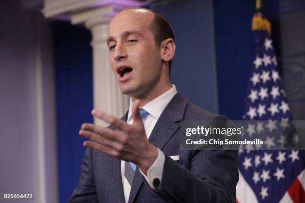 Senior Advisor to the President for Policy Stephen Miller talks to reporters about President Donald Trump's support for creating a 'merit-based...