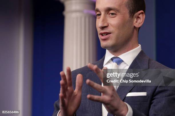 Senior Advisor to the President for Policy Stephen Miller talks to reporters about President Donald Trump's support for creating a 'merit-based...
