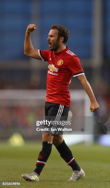 Juan Mata of Manchester United celebrates scoring a goal during the International Champions Cup match between Manchester United and Sampdoria at...