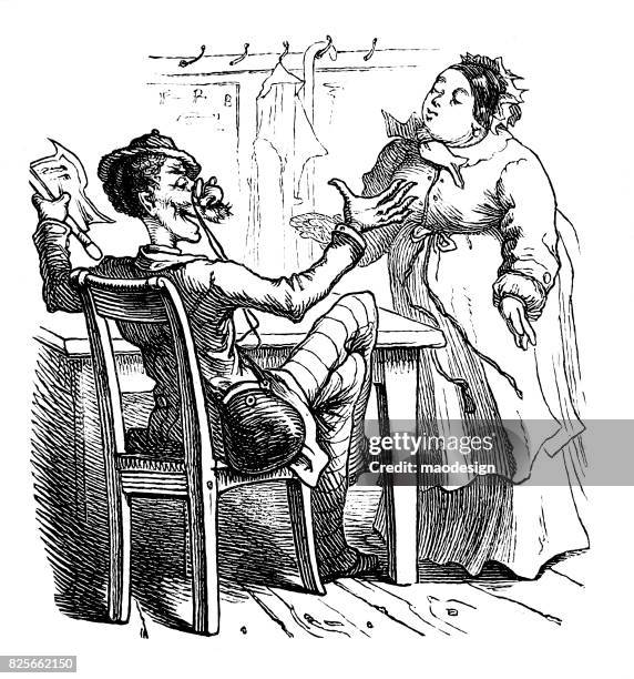 man in a good mood sitting at the table gesticulating and discussing with the cook about dinner -1867 - kitchen table on white stock illustrations