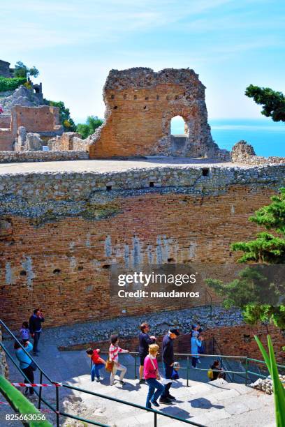 greek theater  taormina, italy (editorial) - messina stock pictures, royalty-free photos & images