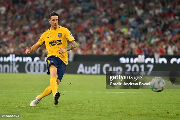 Fernando Torres of Atletico Madrid scores a penalty at the end of the Audi Cup 2017 match between Liverpool FC and Atletico Madrid at Allianz Arena...