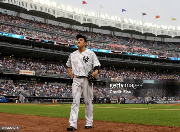Masahiro Tanaka of the New York Yankees heads for the dugout after the sixth inning against the Detroit Tigers on August 2, 2017 at Yankee Stadium in...
