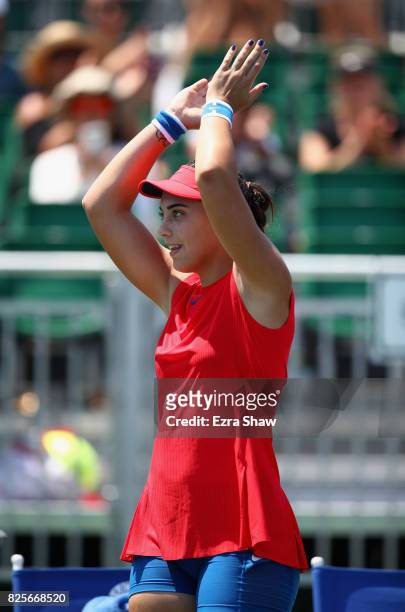 Ana Konjuh of Croatia waves to the crowd after beating Natalia Vikhlyantseva of Russia during Day 3 of the Bank of the West Classic at Stanford...