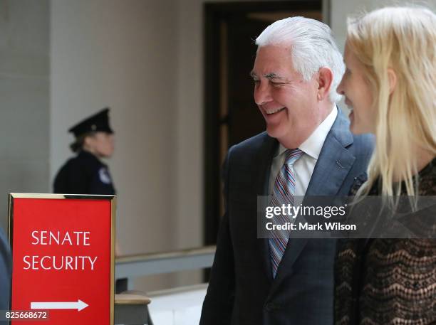 Secretary of State Rex Tillerson leaves a closed briefing at the U.S. Capitol with the Senate Foreign Relations Committee August 2, 2017 in...