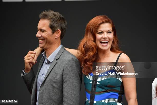 Actors Eric McCormack and Debra Messing attend the "Will & Grace" ribbon cutting Ceremony on August 2, 2017 in Los Angeles, California.