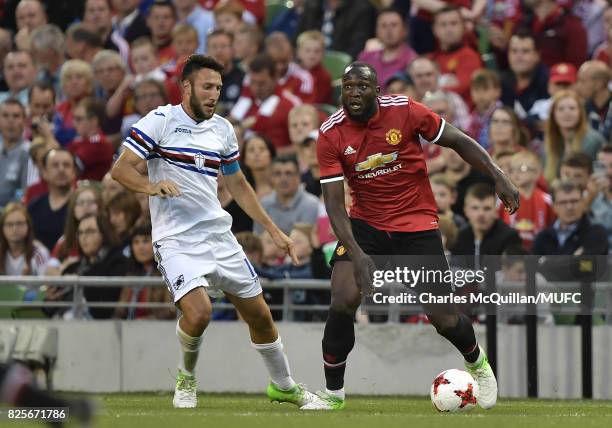 Romelu Lukaku of Manchester United and Vasco Regini of Sampdoria during the Aon Tour pre season friendly game between Manchester United and Sampdoria...