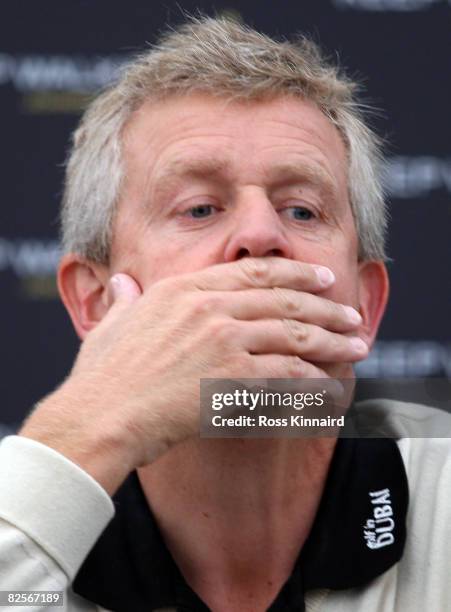 Colin Mongomerie of Scotland during his press conference before the pro-am event prior to The Johnnie Walker Championship at Gleneagles on August 27,...