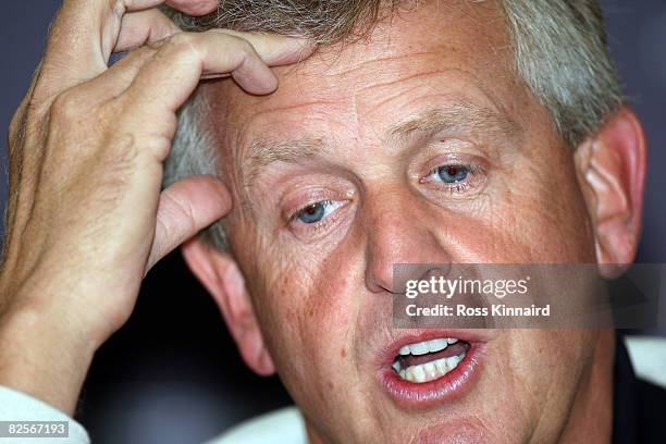 Colin Mongomerie of Scotland during his press conference before the pro-am event prior to The Johnnie Walker Championship at Gleneagles on August 27,...