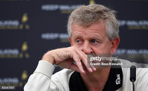 Colin Mongomerie of Scotland during his press conference before the pro-am event prior to The Johnnie Walker Championship at Gleneagles on August 27,...