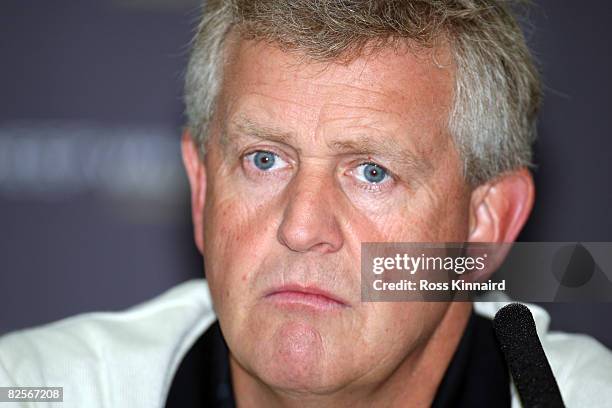 Colin Mongomerie of Scotland during his press conference before the pro-am event prior to The Johnnie Walker Championship at Gleneagles on August 27,...