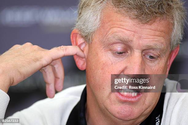 Colin Mongomerie of Scotland during his press conference before the pro-am event prior to The Johnnie Walker Championship at Gleneagles on August 27,...