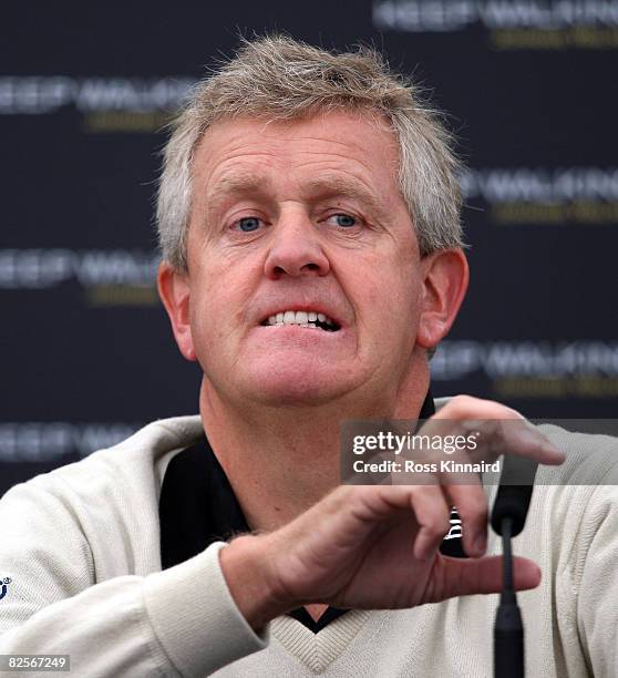 Colin Mongomerie of Scotland during his press conference before the pro-am event prior to The Johnnie Walker Championship at Gleneagles on August 27,...