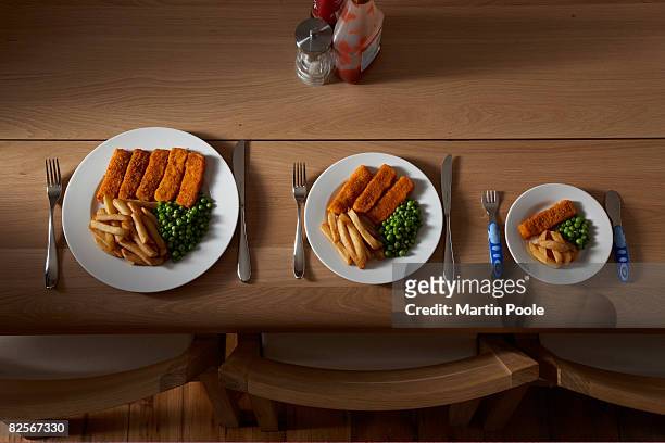 drei unterschiedlich große portionen essen auf teller - comparison stock-fotos und bilder
