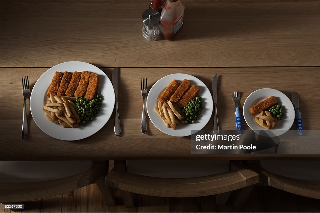 Three different sized portions of food on plate