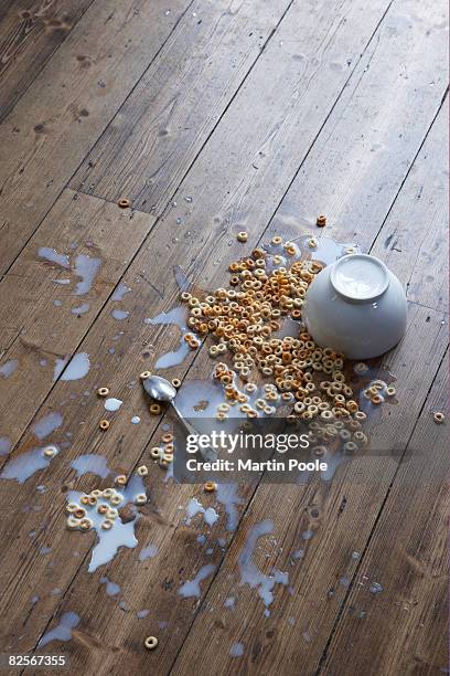spilled breakfast cereal on floor - knoeien stockfoto's en -beelden