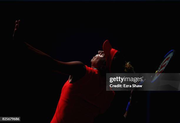 Madison Keys serves to Caroline Dolehide during Day 3 of the Bank of the West Classic at Stanford University Taube Family Tennis Stadium on August 2,...